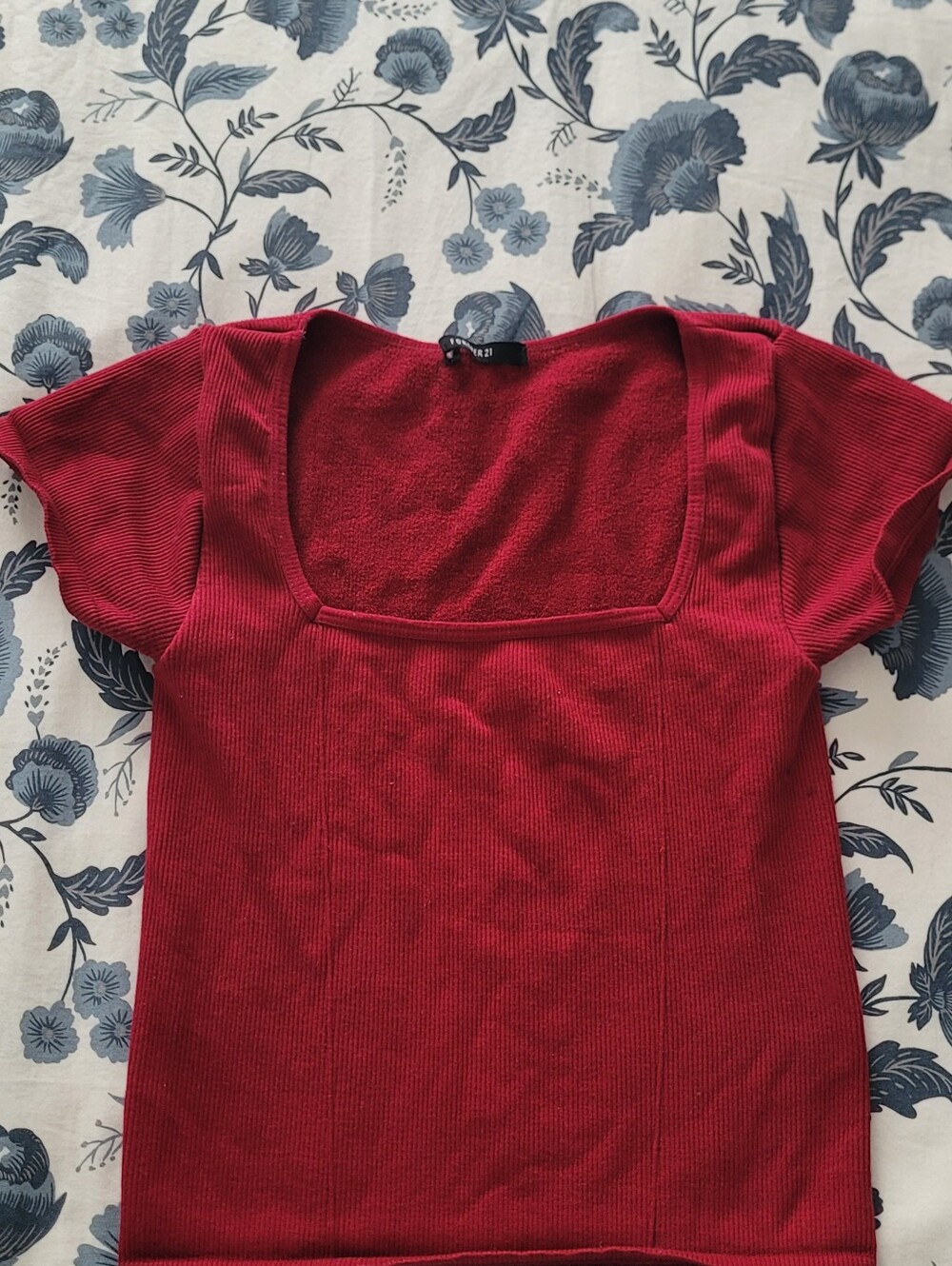 Forever 21 Square Neck Ribbed Short Sleeve Top - Red